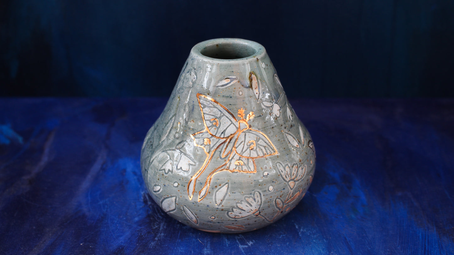 9oz Golden Teal Moth Vase Woodfired