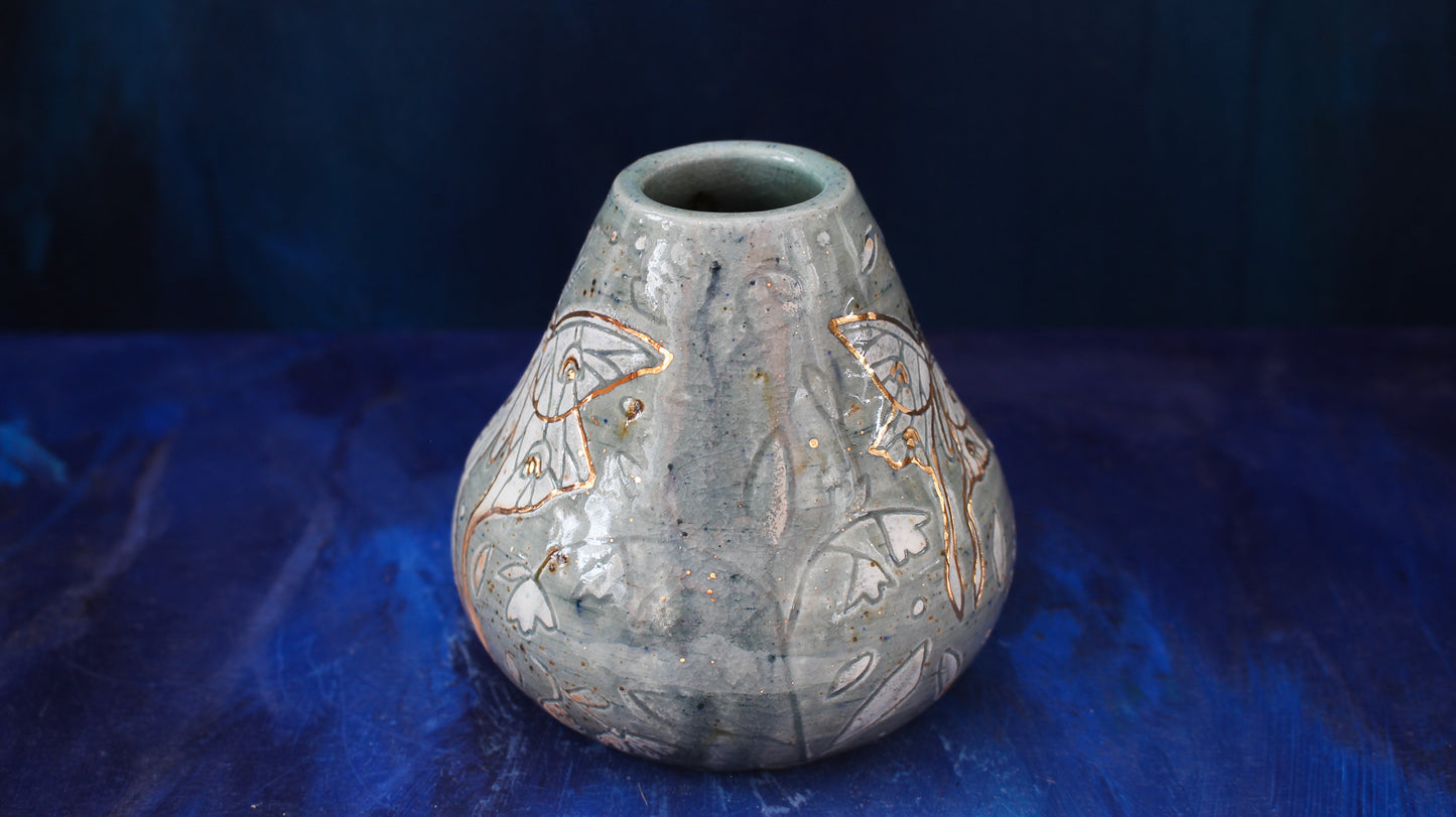 9oz Golden Teal Moth Vase Woodfired