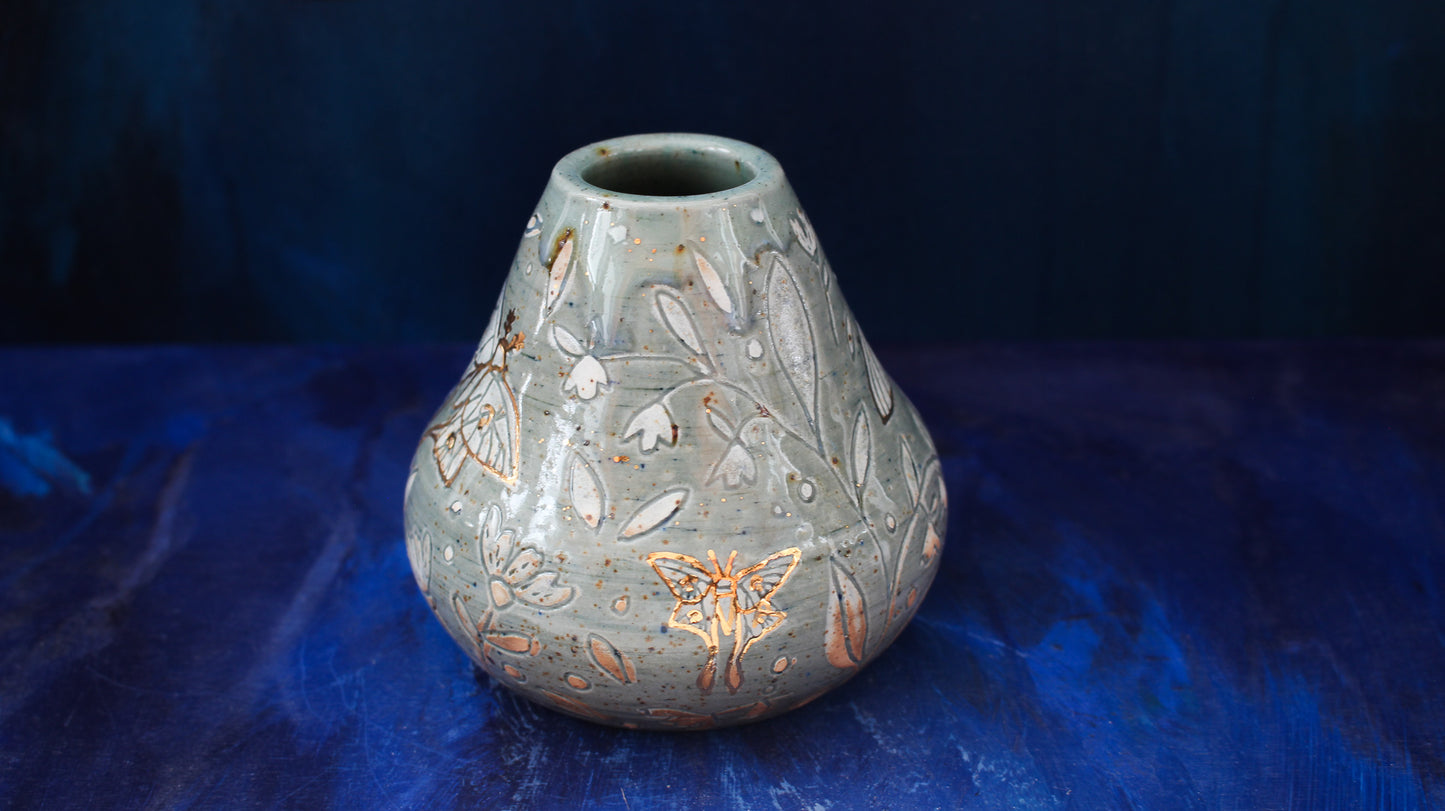 9oz Golden Teal Moth Vase Woodfired